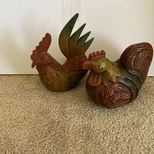 Vintage hand carved wooden roosters  OS garden home sculptures decor rustic